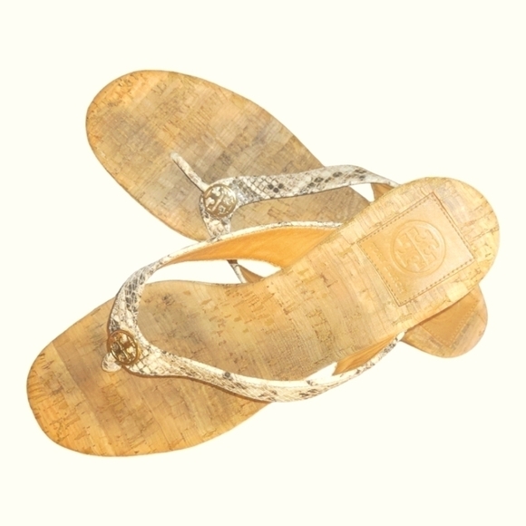 Tory Burch Suzy Cork Tan Brown Snakeskin Print Leather Wedge Thong Sandals 10.5M - Picture 7 of 8